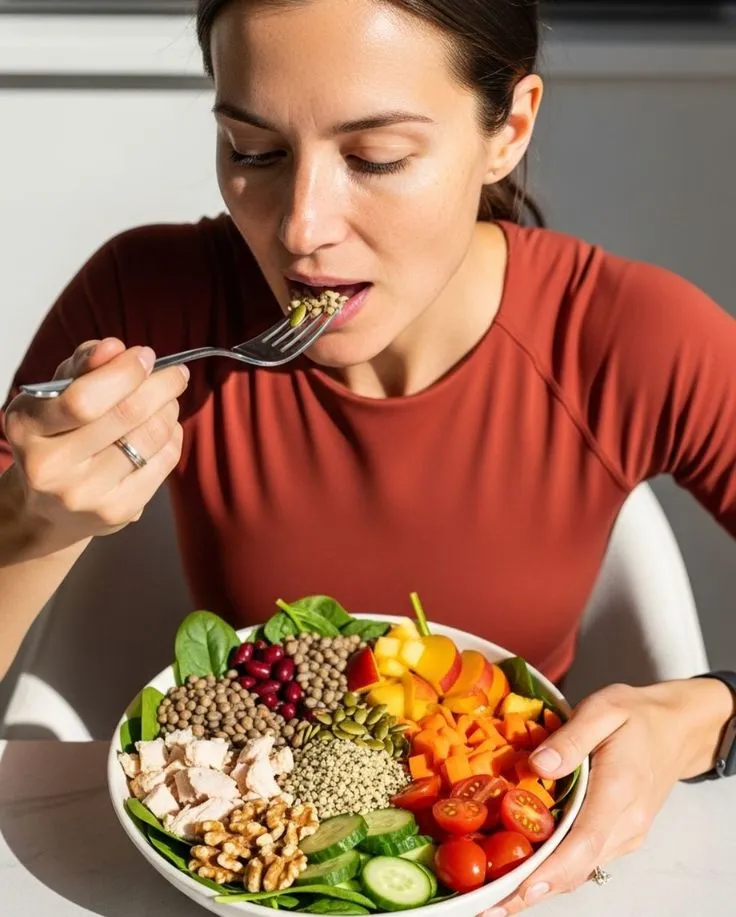 Wholesome grain bowl with roasted vegetables and herbs